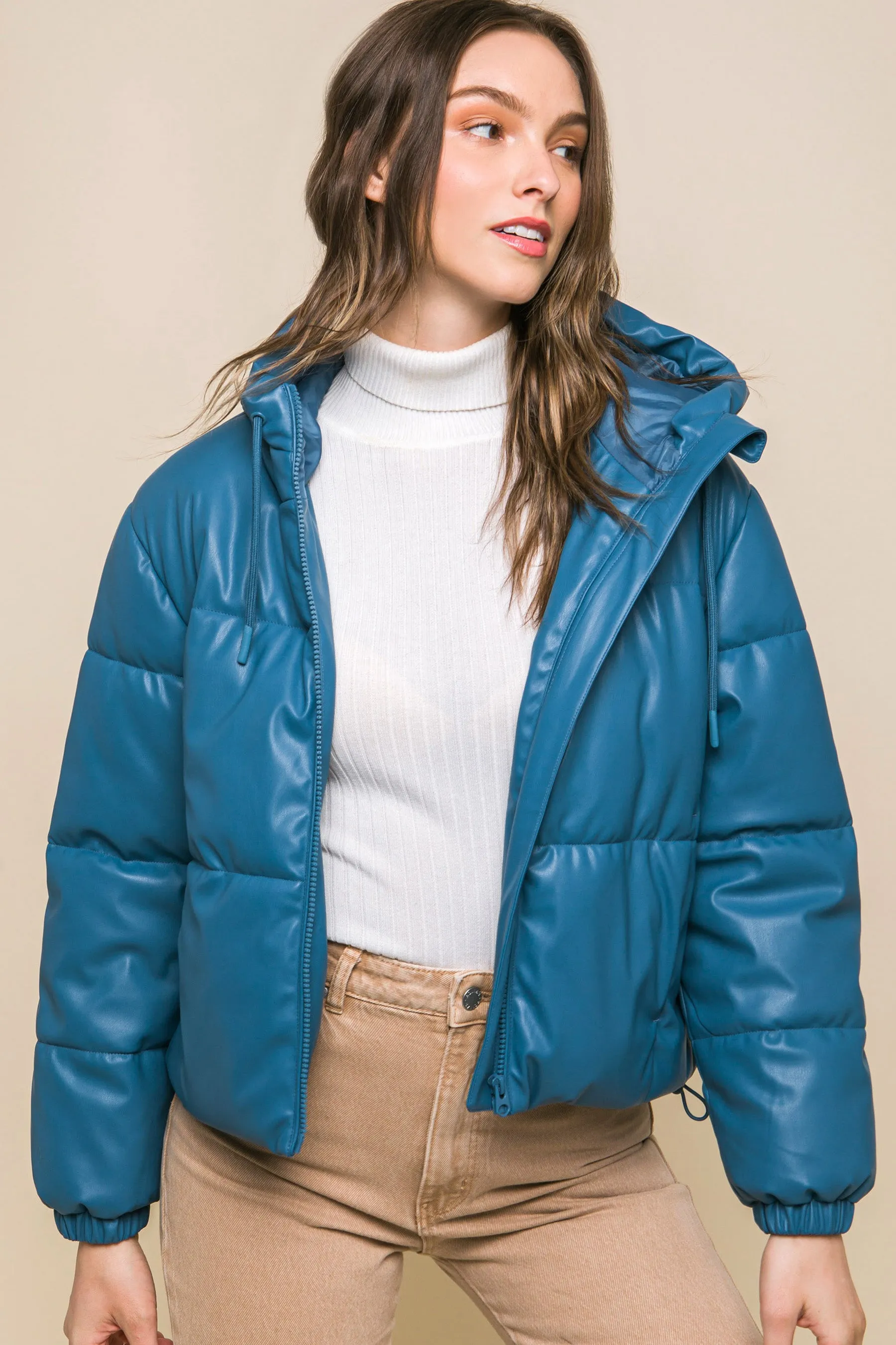 Sleek Modern Cozy PU Faux Leather Hooded Zipper Front Puffer Jacket