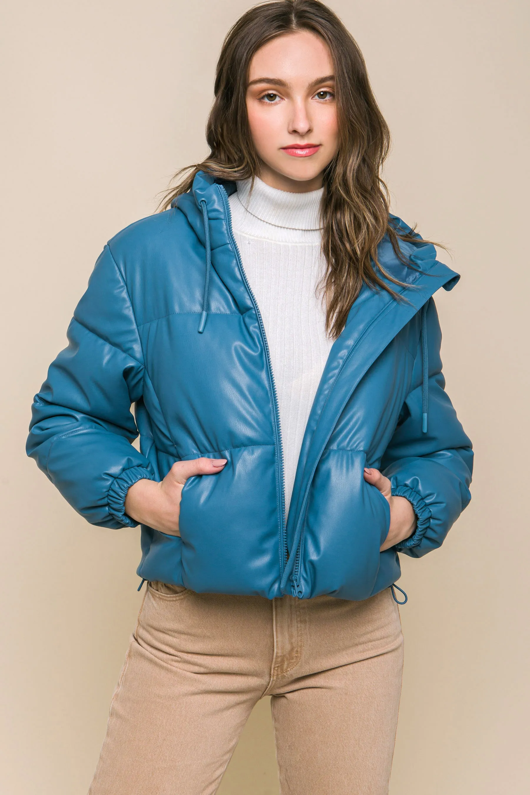 Sleek Modern Cozy PU Faux Leather Hooded Zipper Front Puffer Jacket