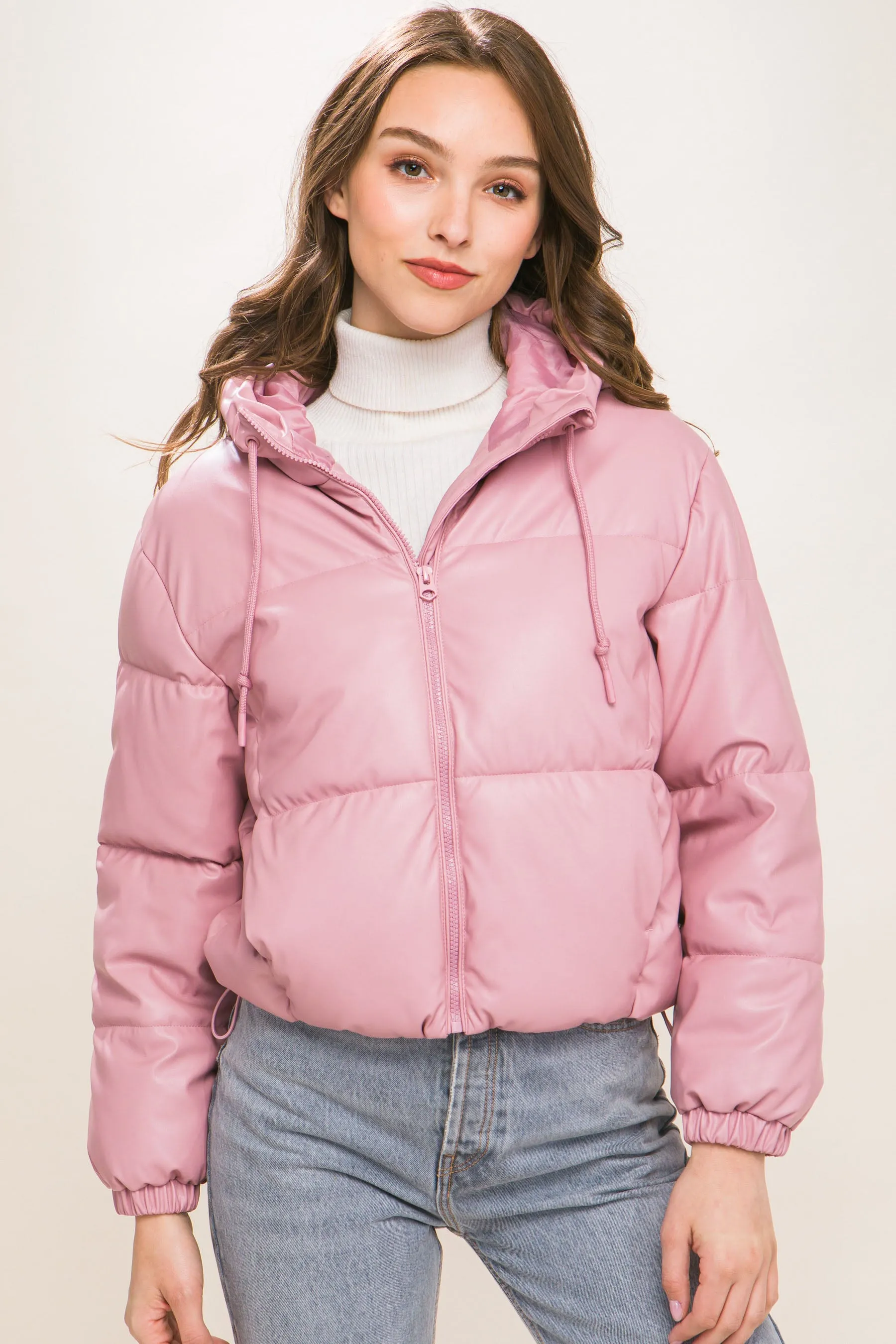 Sleek Modern Cozy PU Faux Leather Hooded Zipper Front Puffer Jacket