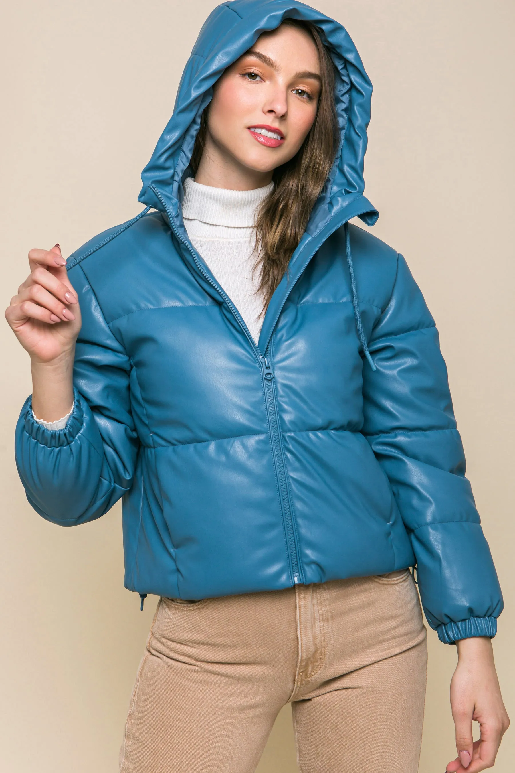 Sleek Modern Cozy PU Faux Leather Hooded Zipper Front Puffer Jacket