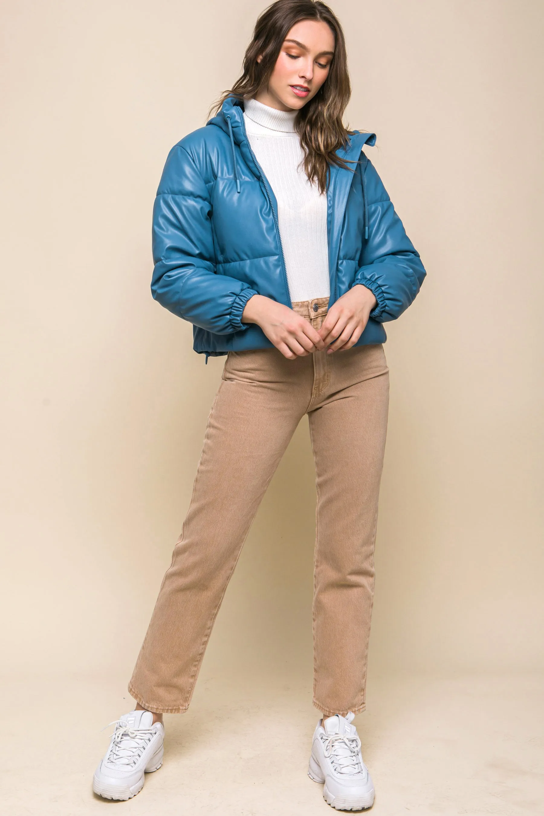 Sleek Modern Cozy PU Faux Leather Hooded Zipper Front Puffer Jacket