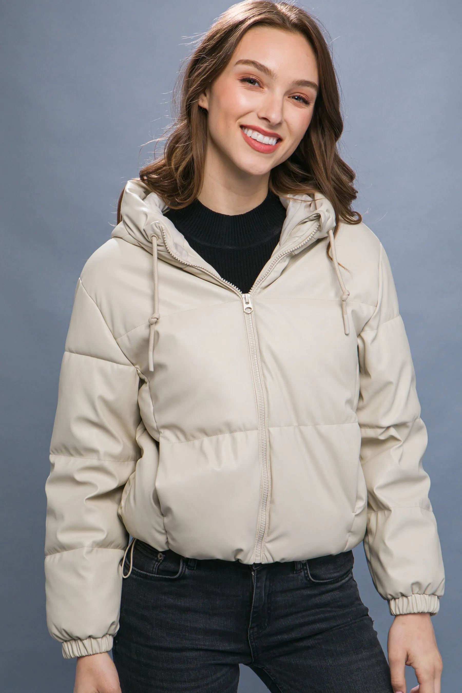 Sleek Modern Cozy PU Faux Leather Hooded Zipper Front Puffer Jacket