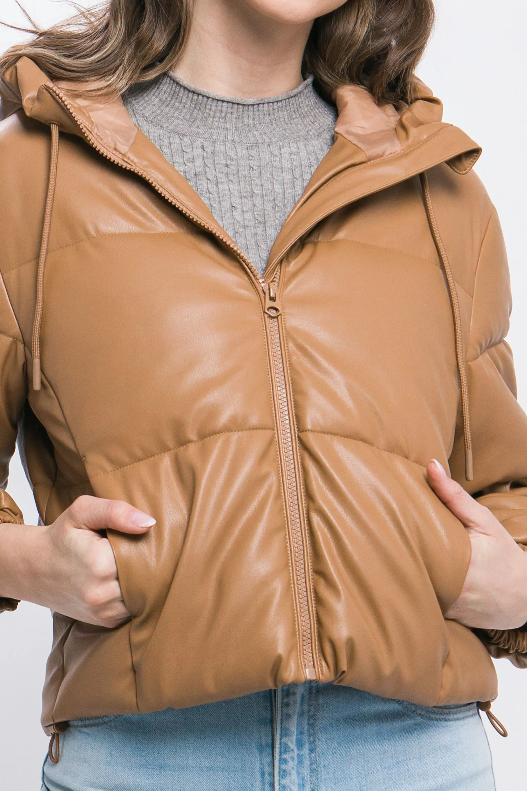 Sleek Modern Cozy PU Faux Leather Hooded Zipper Front Puffer Jacket