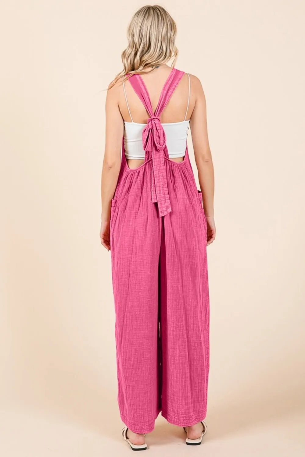Sleeveless Wide Leg Cotton Overalls in Pink Girl