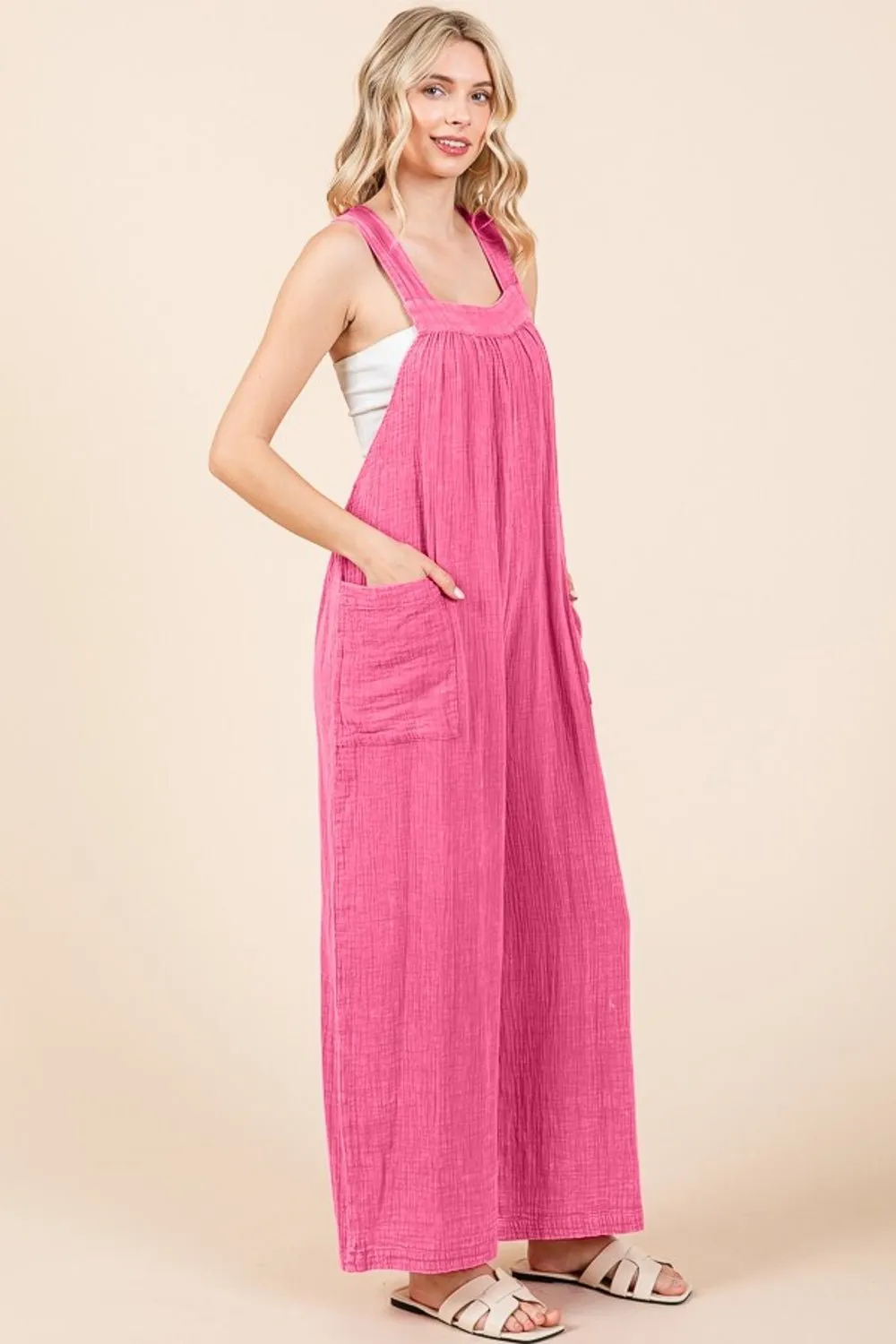 Sleeveless Wide Leg Cotton Overalls in Pink Girl