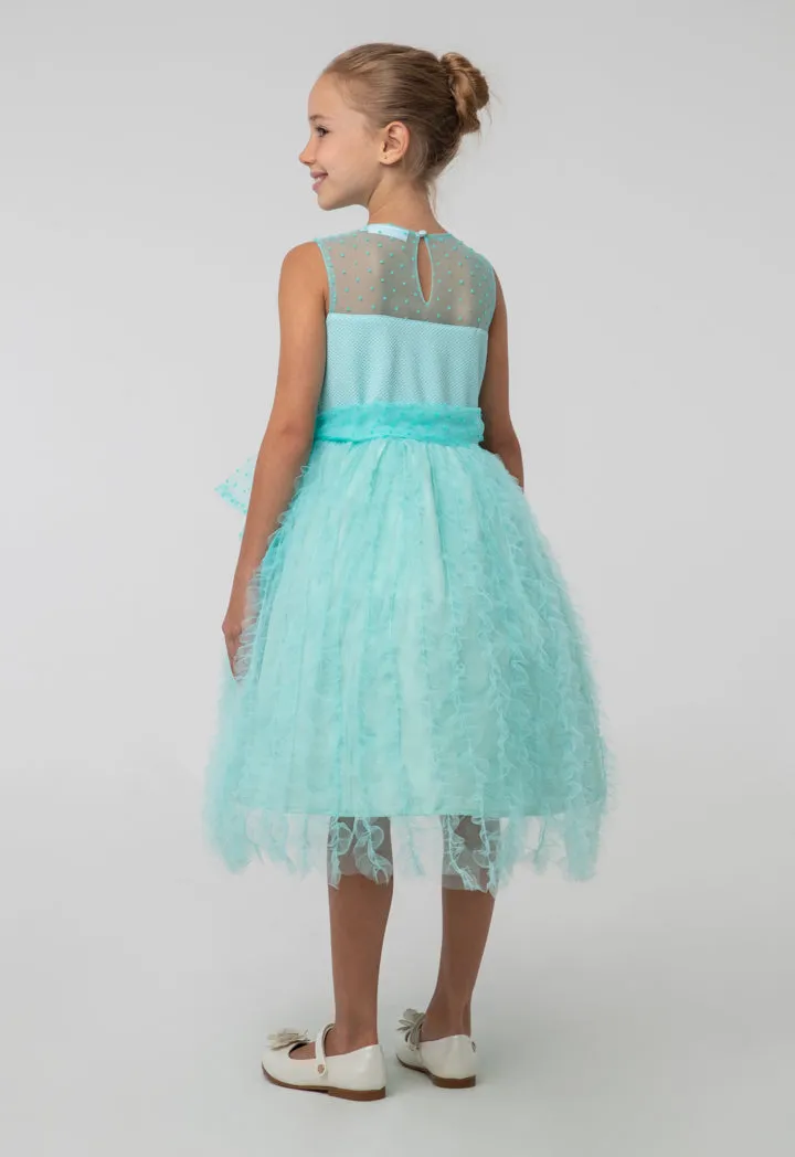 Solid Tulle Mesh Ruffle Flare Sleeveless Dress