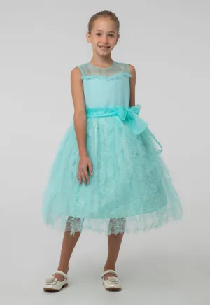 Solid Tulle Mesh Ruffle Flare Sleeveless Dress