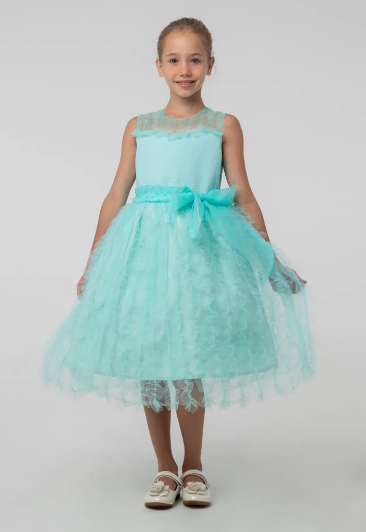 Solid Tulle Mesh Ruffle Flare Sleeveless Dress