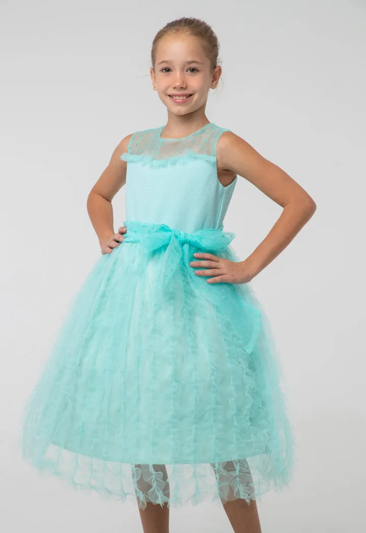 Solid Tulle Mesh Ruffle Flare Sleeveless Dress