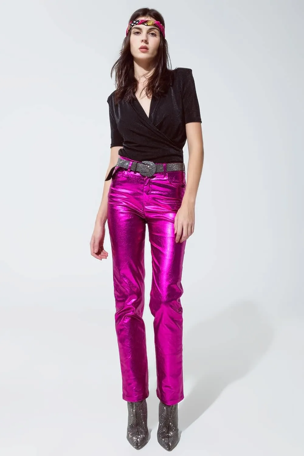 Straight Metallic Pants In Fuchsia