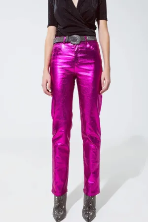 Straight Metallic Pants In Fuchsia