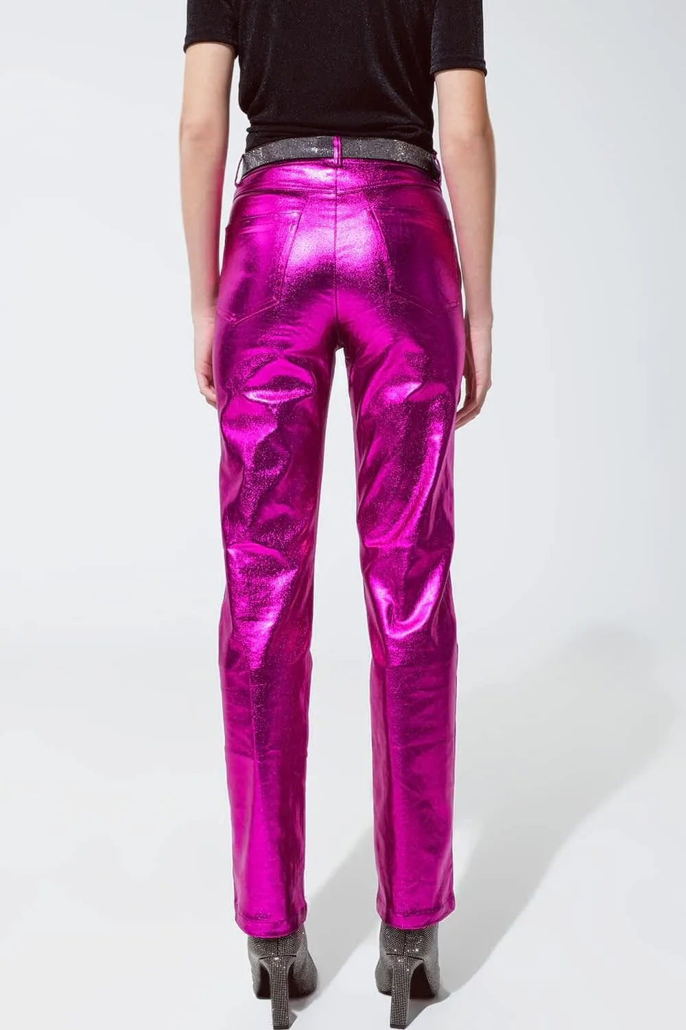 Straight Metallic Pants In Fuchsia