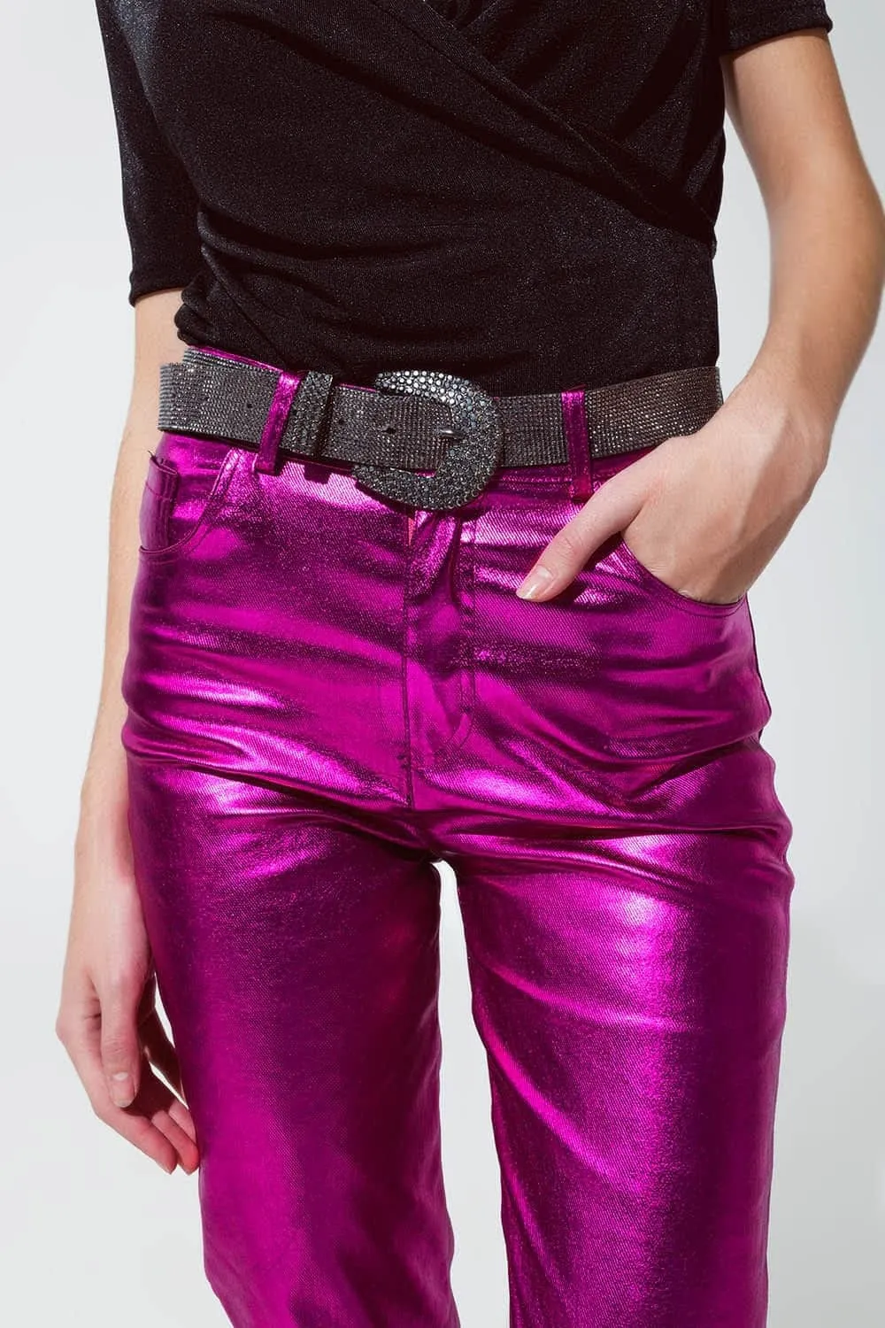 Straight Metallic Pants In Fuchsia