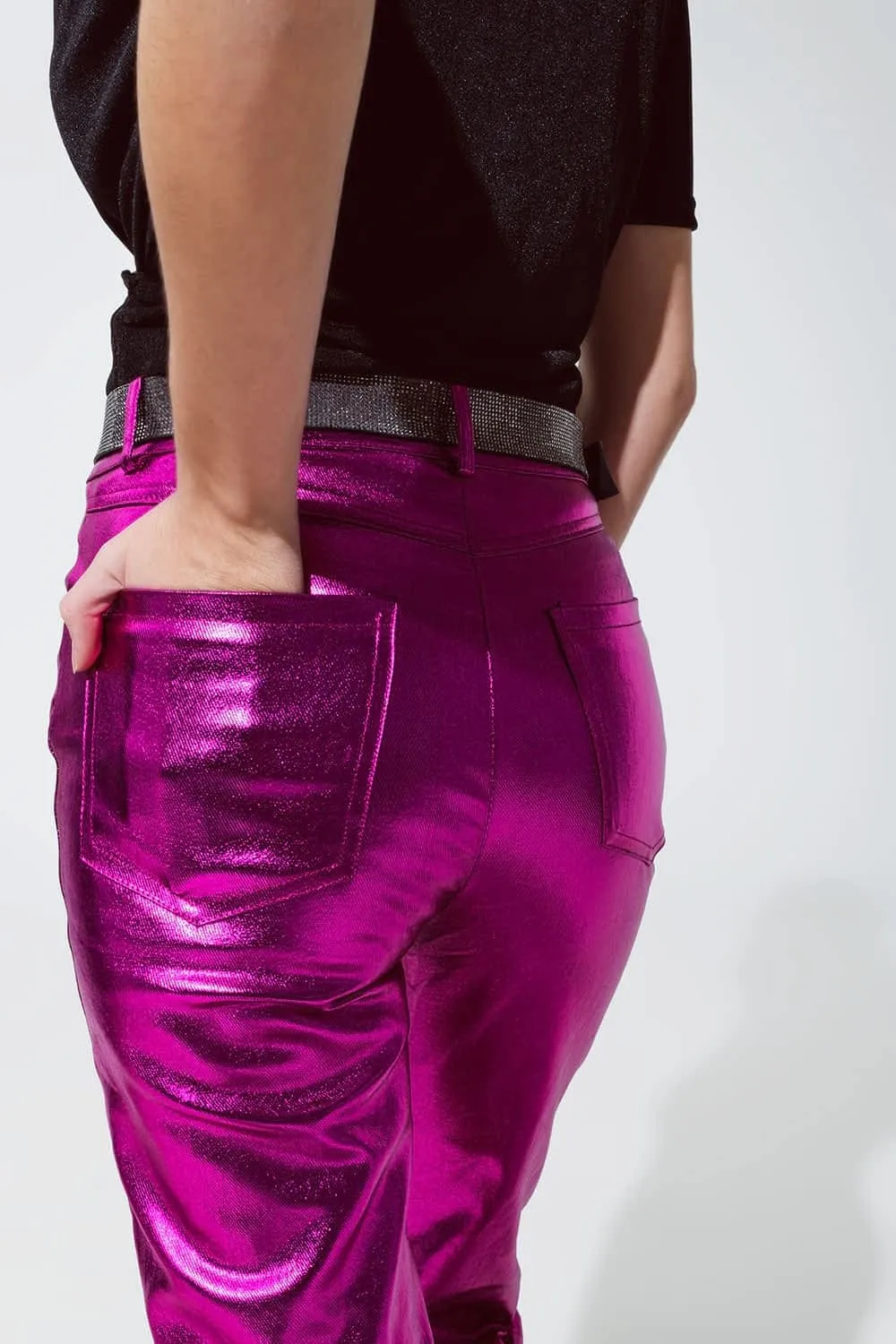 Straight Metallic Pants In Fuchsia