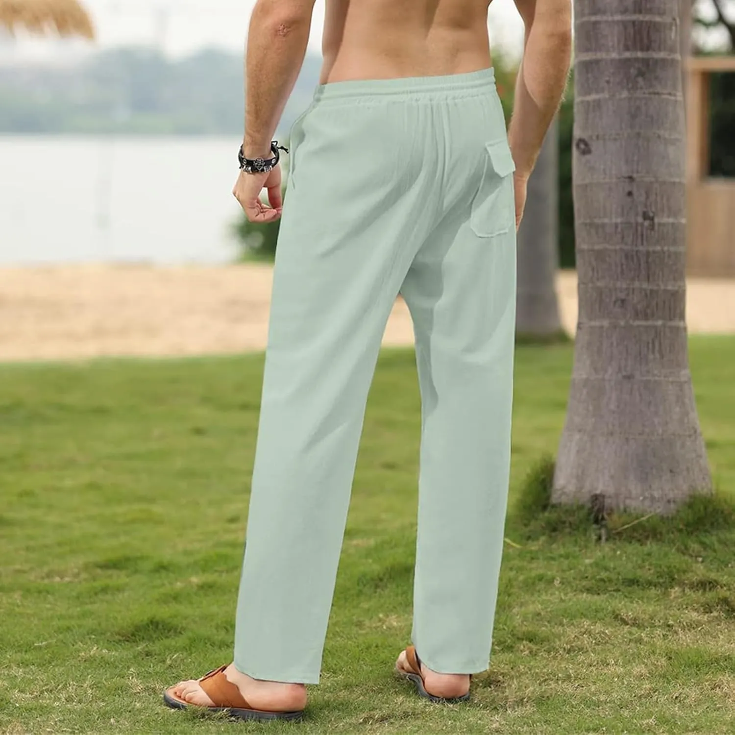 Thatrich Mens Casual Linen Pants Slim Fit Beach Pant Basic Beach Workout Trousers Lightweight Breathable Comfy Sweatpants