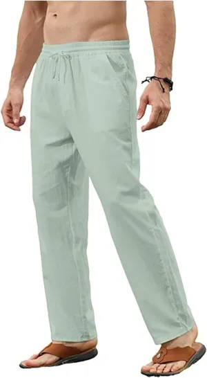 Thatrich Mens Casual Linen Pants Slim Fit Beach Pant Basic Beach Workout Trousers Lightweight Breathable Comfy Sweatpants