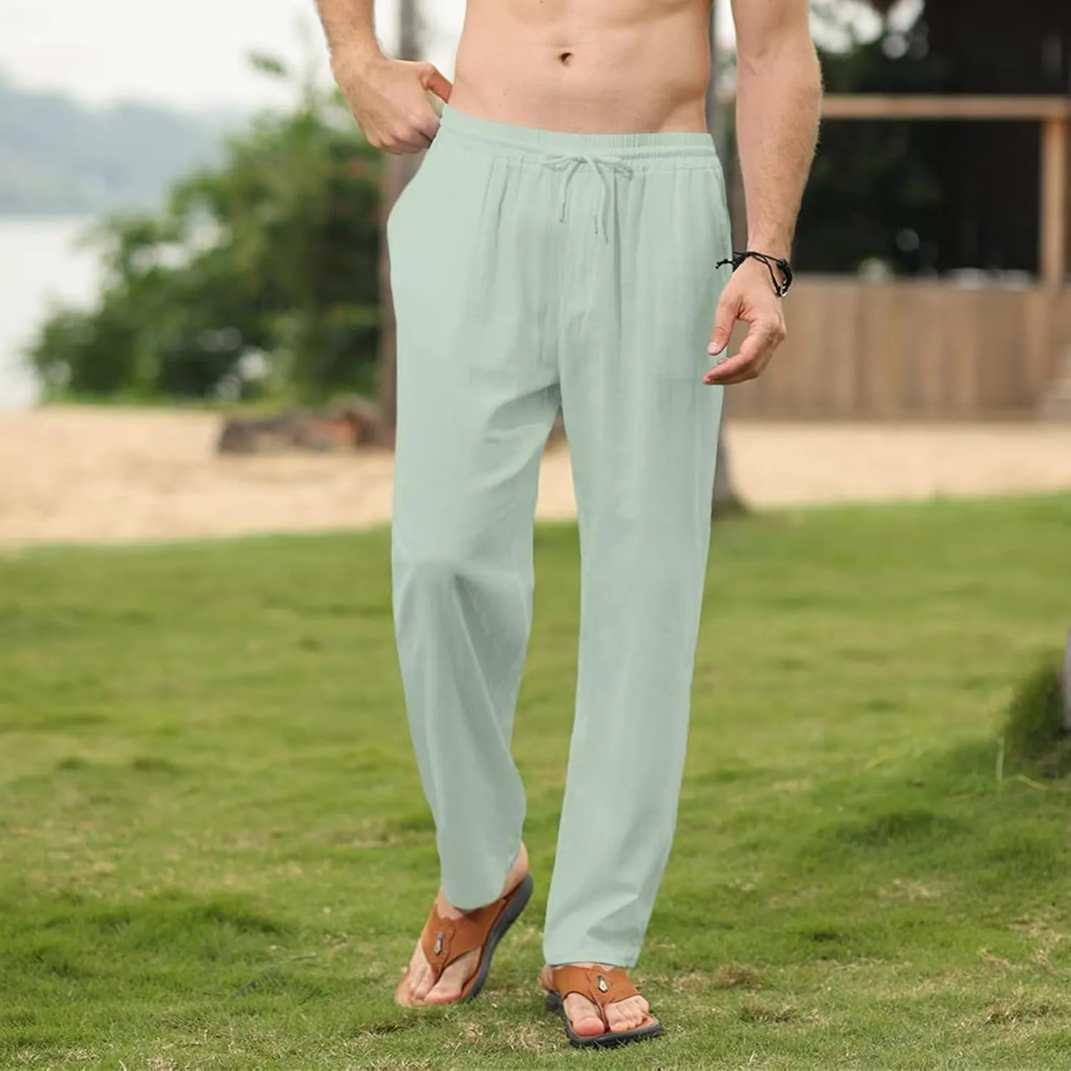 Thatrich Mens Casual Linen Pants Slim Fit Beach Pant Basic Beach Workout Trousers Lightweight Breathable Comfy Sweatpants