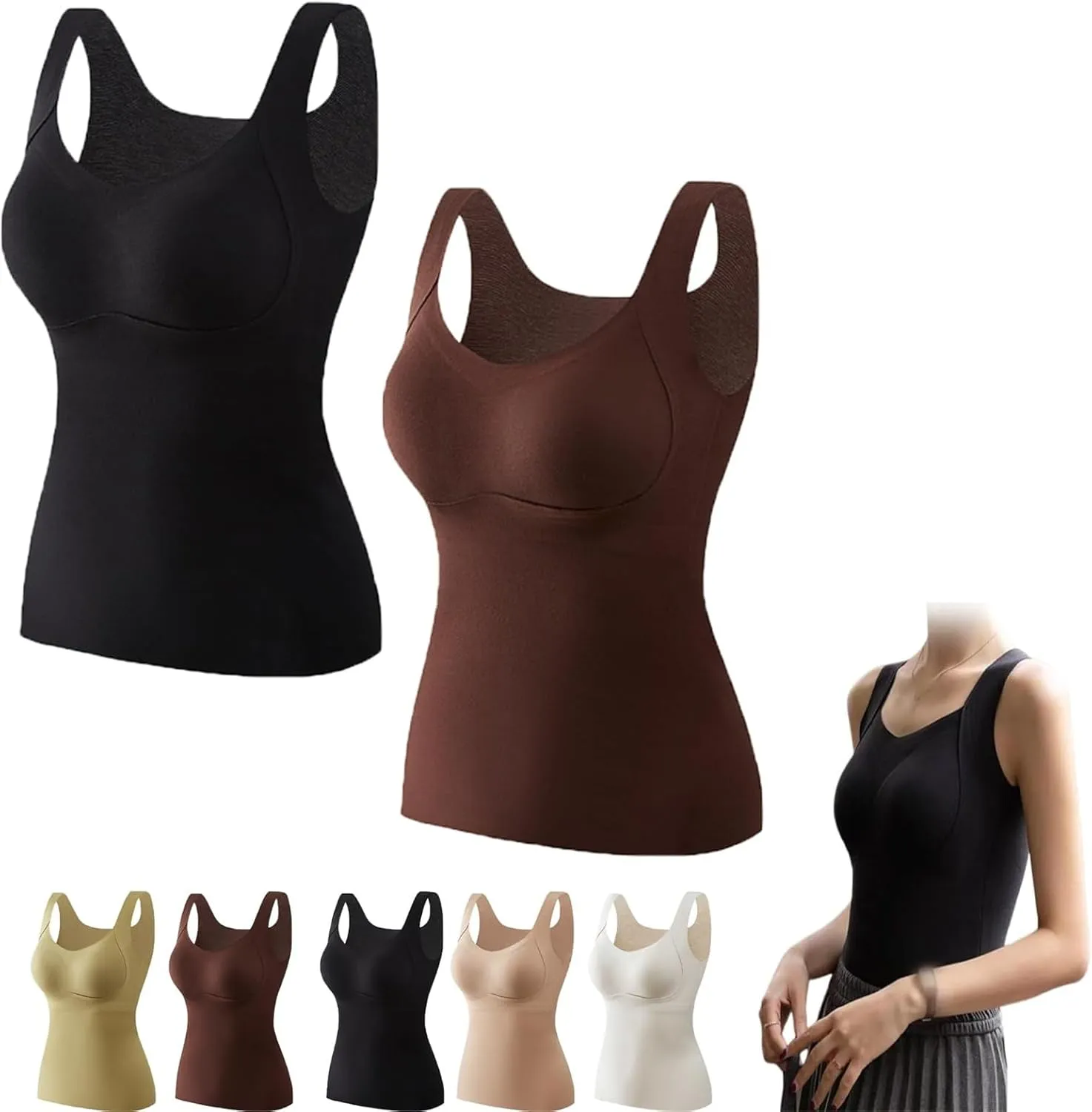 Thickened Warm Tank Top with Shelf Bra, Thickened Shelf Bra Tank for Women,High Stretch Sleeveless Camisoles, Warm Wirelfree