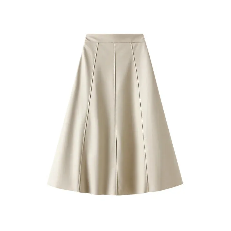 Vintage Faux Leather Skirt Fashion Midi Long A Line Skirt