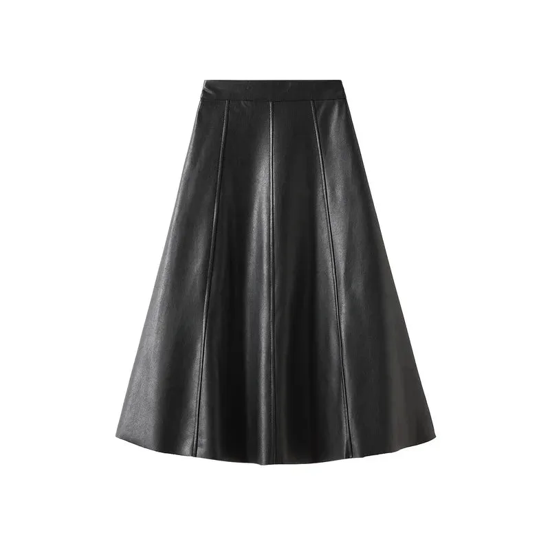 Vintage Faux Leather Skirt Fashion Midi Long A Line Skirt