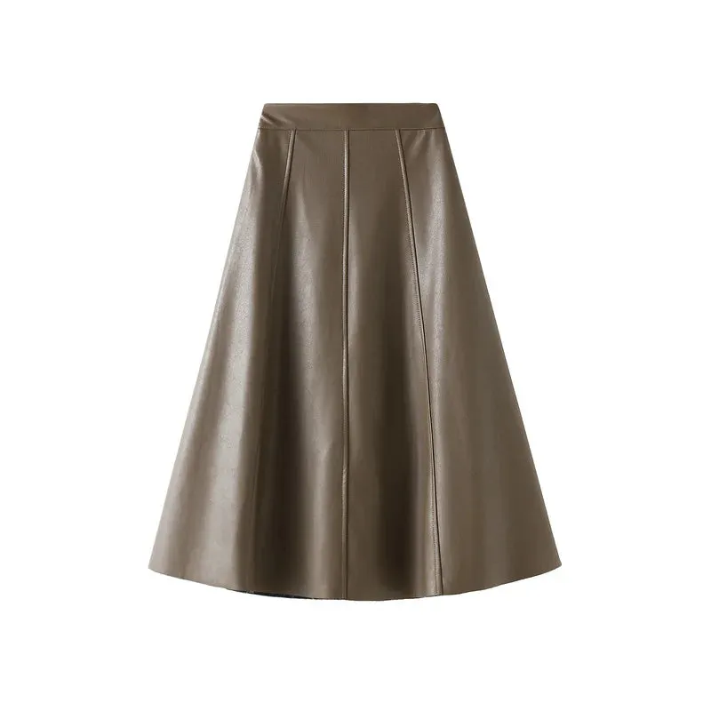 Vintage Faux Leather Skirt Fashion Midi Long A Line Skirt