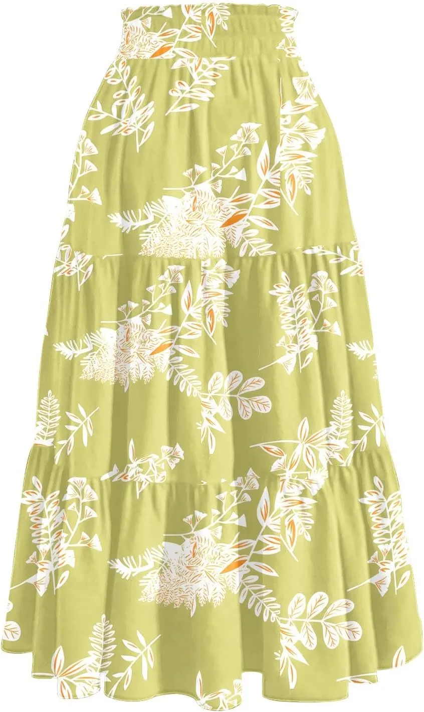 Women's Midi Skirts High Waist A-Line Tiered Flowy Swing Skirt Boho Floral Printed Cocktail Party Flared Skirts