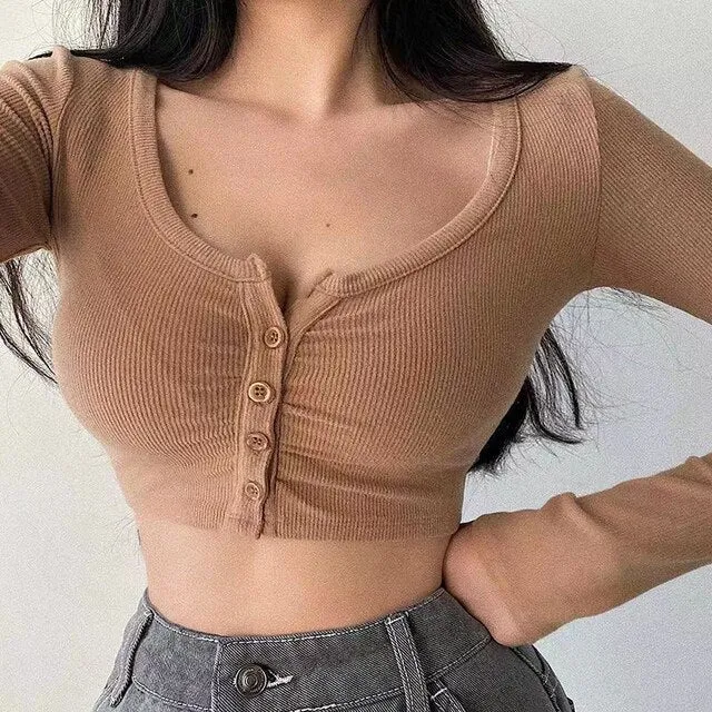 Women’s Retro V-Neck Cardigan – Slim Fit, Long Sleeve, Single Breasted Korean Short Top